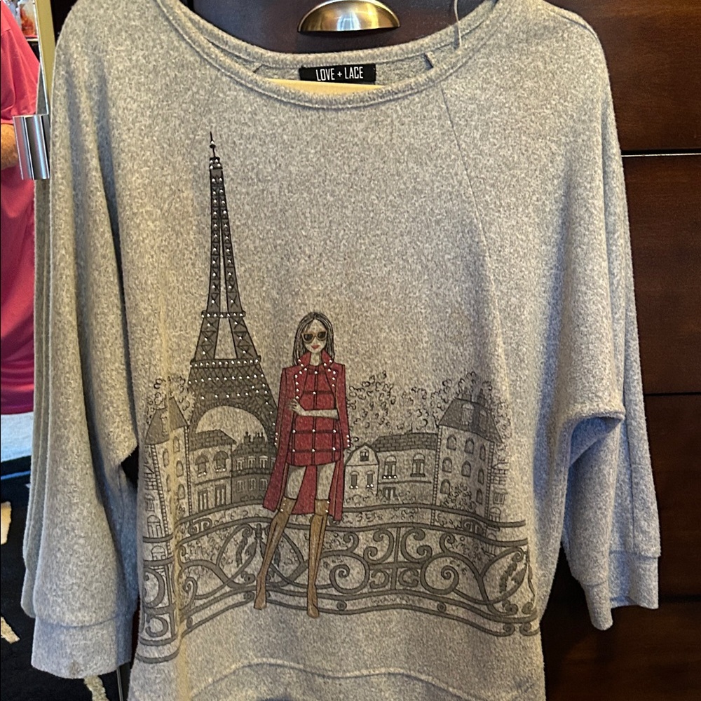 Gray Paris theme top w Eiffel Tower Design with a touch of sparkle size one X.